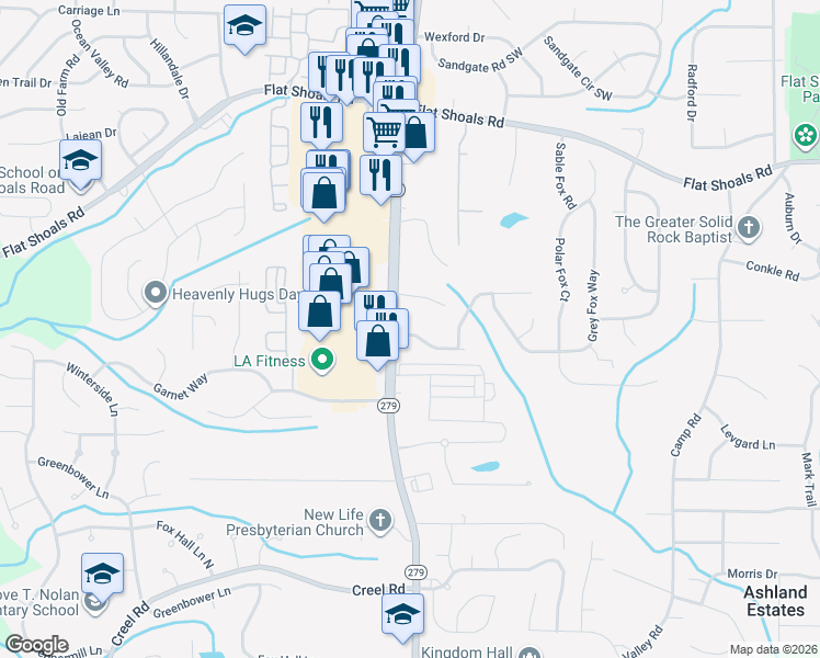 map of restaurants, bars, coffee shops, grocery stores, and more near 2380 Carobet Terrace in College Park