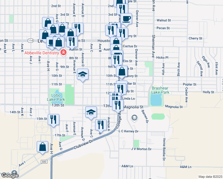 map of restaurants, bars, coffee shops, grocery stores, and more near 1100-1198 Avenue A in Levelland