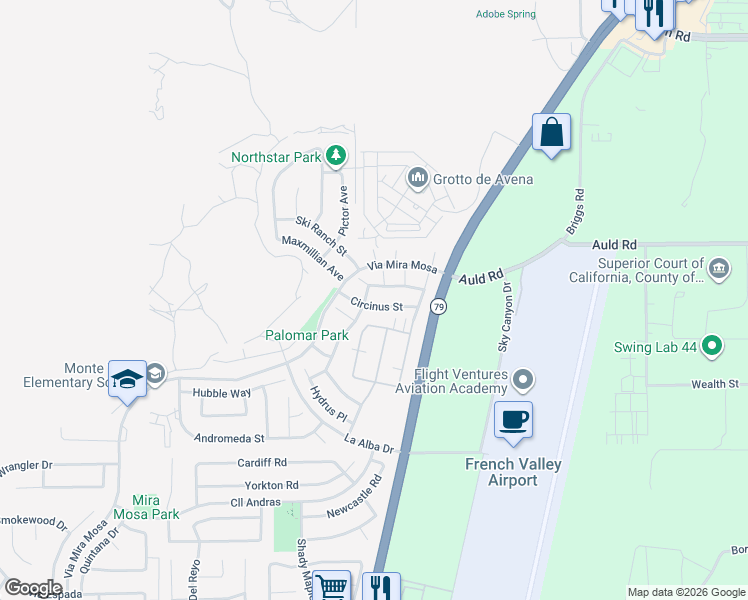 map of restaurants, bars, coffee shops, grocery stores, and more near 29844 Circinus Street in Murrieta
