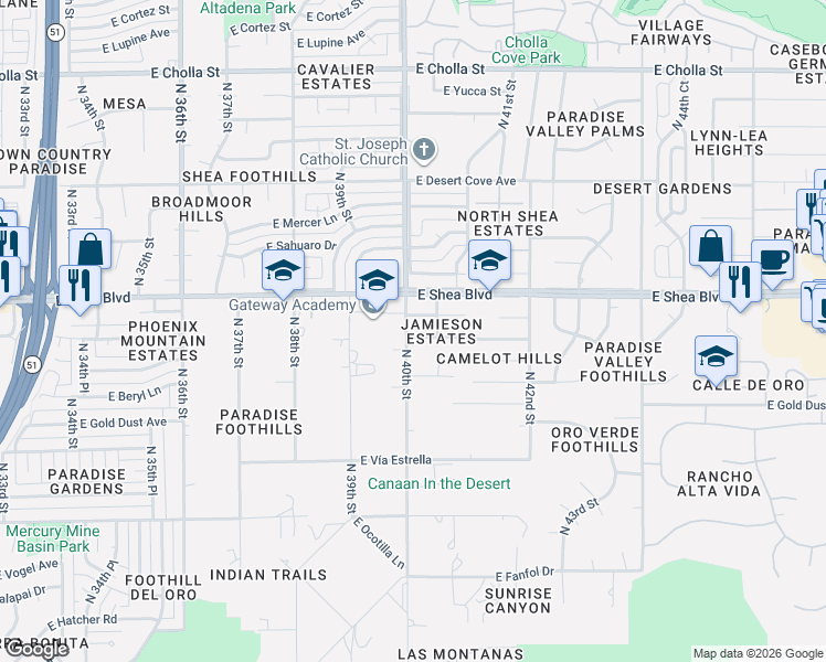 map of restaurants, bars, coffee shops, grocery stores, and more near 3939 East Shea Boulevard in Phoenix
