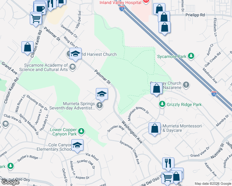 map of restaurants, bars, coffee shops, grocery stores, and more near 23313 Washington Avenue in Murrieta