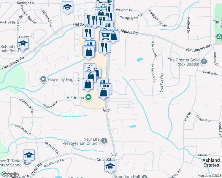 map of restaurants, bars, coffee shops, grocery stores, and more near 2419 Hackamore Drive in Atlanta