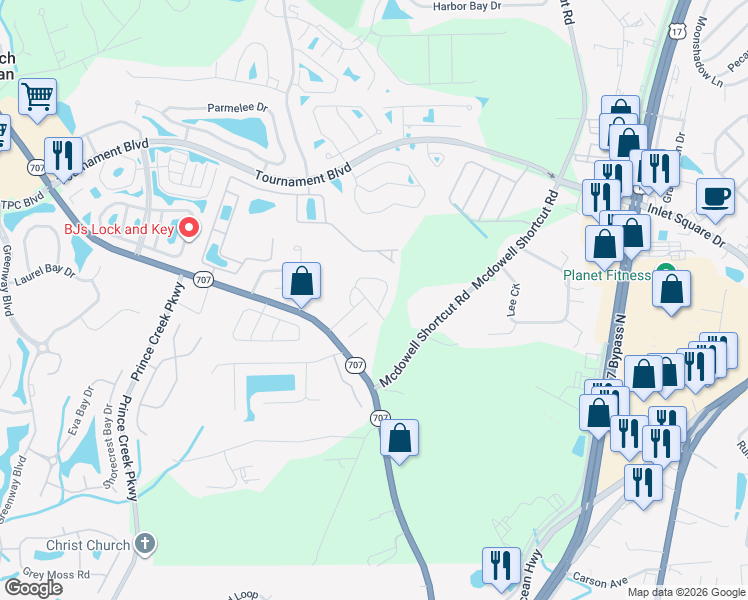 map of restaurants, bars, coffee shops, grocery stores, and more near 791 Painted Bunting Drive in Murrells Inlet