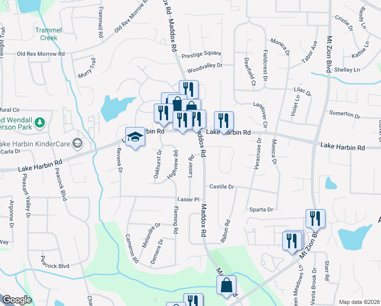 map of restaurants, bars, coffee shops, grocery stores, and more near 6355 Lanier Road in Morrow