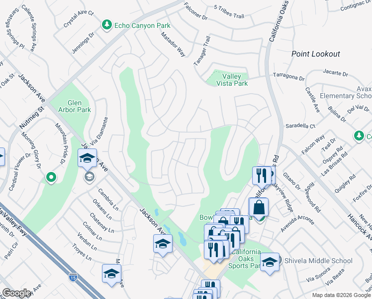 map of restaurants, bars, coffee shops, grocery stores, and more near 40400 Vía Malagas in Murrieta
