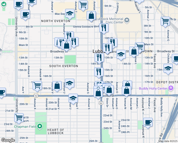 map of restaurants, bars, coffee shops, grocery stores, and more near 1812 15th Street in Lubbock
