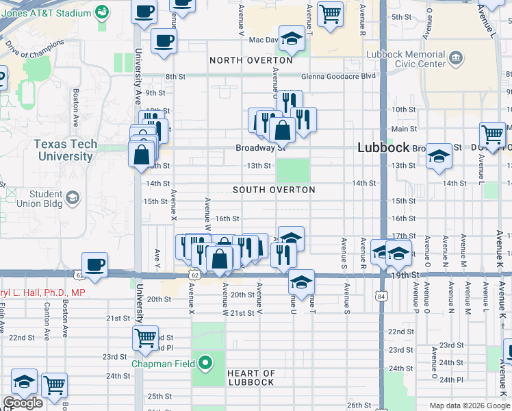 map of restaurants, bars, coffee shops, grocery stores, and more near 2118 15th Street in Lubbock