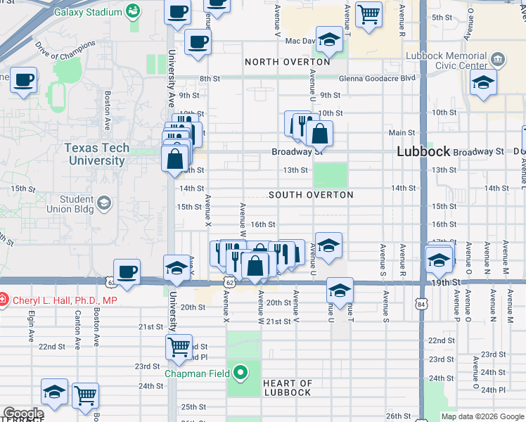 map of restaurants, bars, coffee shops, grocery stores, and more near 2210 15th Street in Lubbock