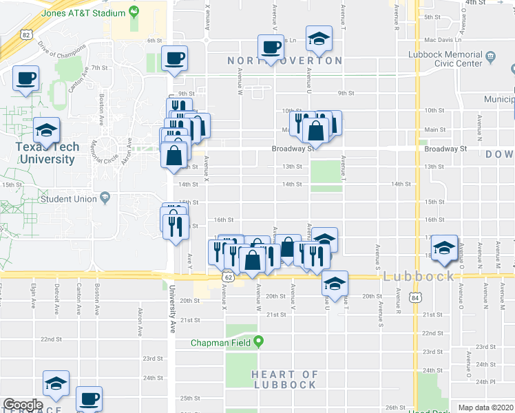 map of restaurants, bars, coffee shops, grocery stores, and more near 2210 15th Street in Lubbock