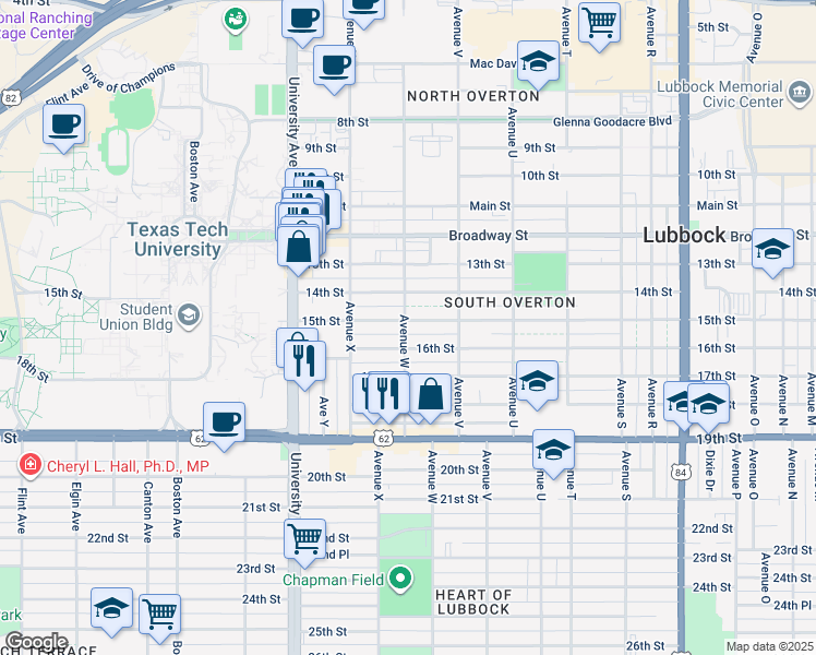 map of restaurants, bars, coffee shops, grocery stores, and more near 2304 15th Street in Lubbock