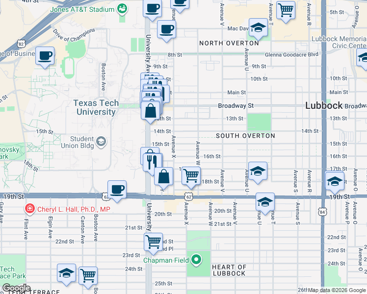 map of restaurants, bars, coffee shops, grocery stores, and more near 2320 15th Street in Lubbock