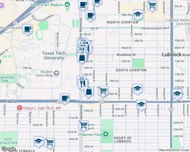 map of restaurants, bars, coffee shops, grocery stores, and more near 2320 15th Street in Lubbock