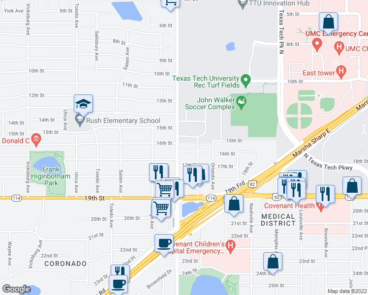 map of restaurants, bars, coffee shops, grocery stores, and more near 2 Greek Circle in Lubbock