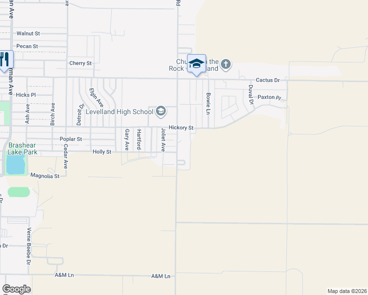 map of restaurants, bars, coffee shops, grocery stores, and more near 761-837 Alamo Rd in Levelland