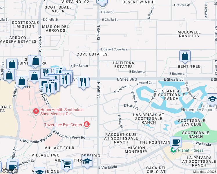 map of restaurants, bars, coffee shops, grocery stores, and more near 10571 North 96th Place in Scottsdale