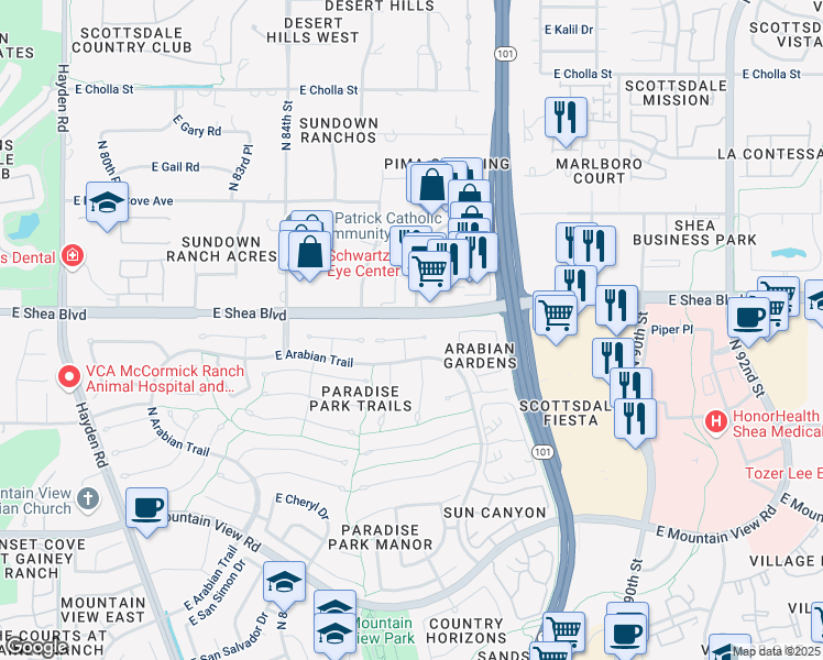 map of restaurants, bars, coffee shops, grocery stores, and more near in Scottsdale