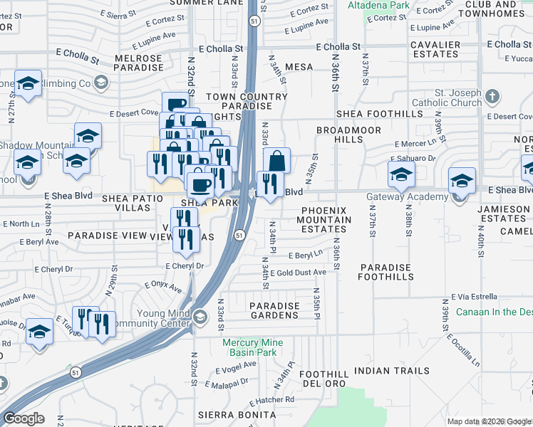 map of restaurants, bars, coffee shops, grocery stores, and more near 3375 East Shea Boulevard in Phoenix