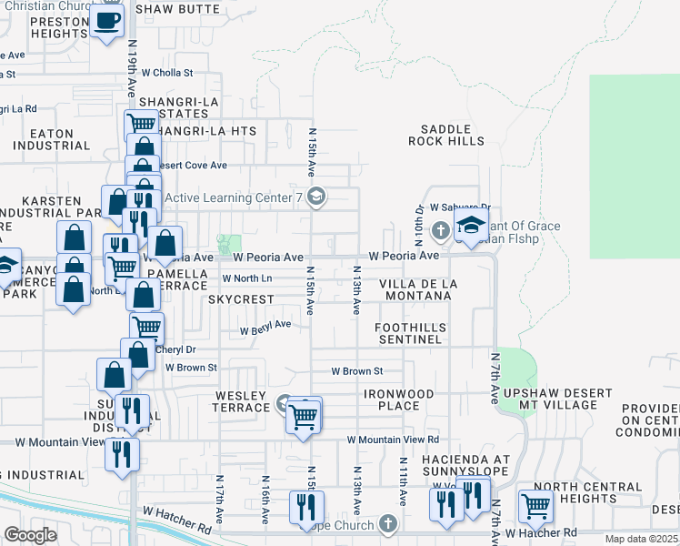 map of restaurants, bars, coffee shops, grocery stores, and more near 1421 West Peoria Avenue in Phoenix