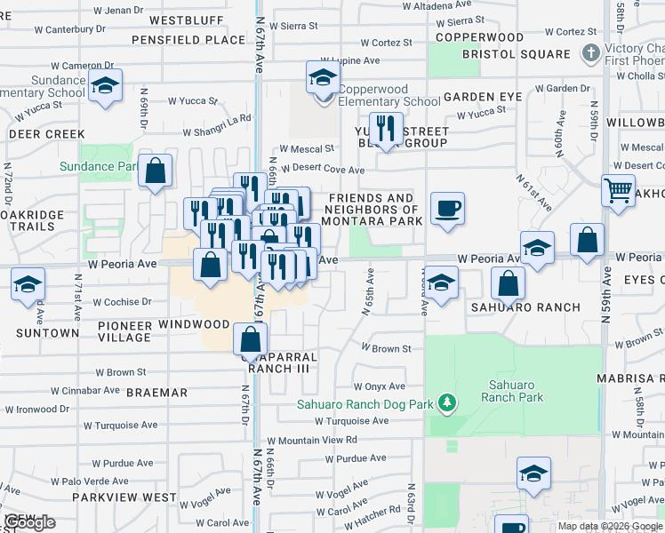 map of restaurants, bars, coffee shops, grocery stores, and more near 6521 West Becker Lane in Glendale