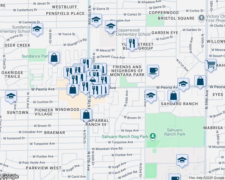 map of restaurants, bars, coffee shops, grocery stores, and more near 6521 West Becker Lane in Glendale