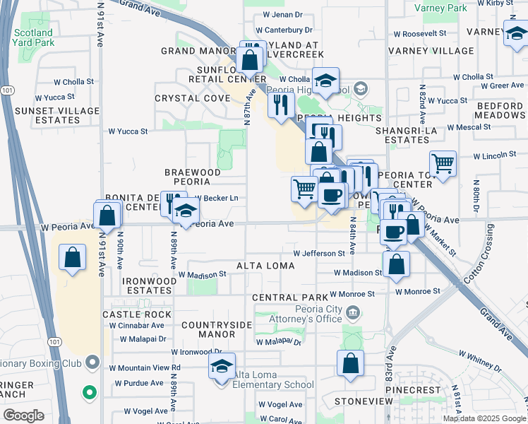 map of restaurants, bars, coffee shops, grocery stores, and more near 8650 West Peoria Avenue in Peoria