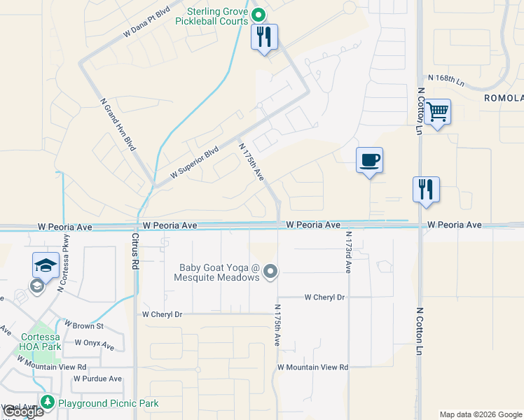 map of restaurants, bars, coffee shops, grocery stores, and more near 17500-17598 West Peoria Avenue in Waddell