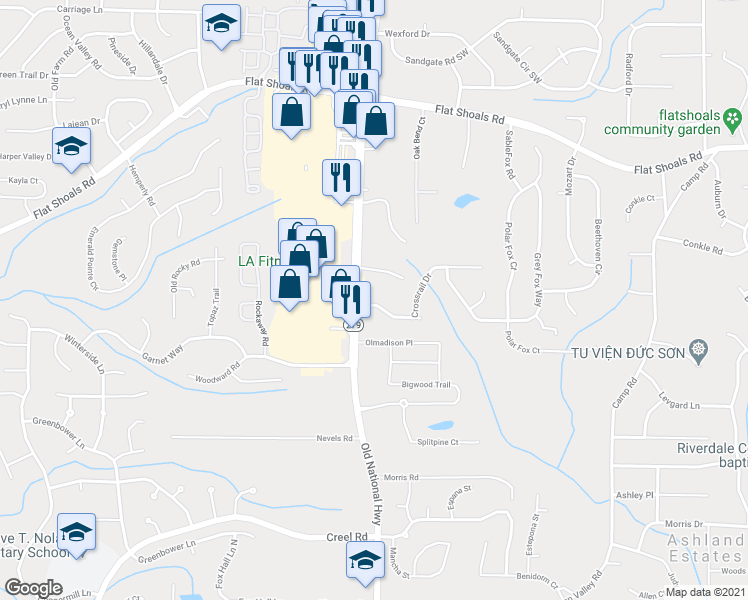 map of restaurants, bars, coffee shops, grocery stores, and more near 2380 Carobet Terrace in College Park