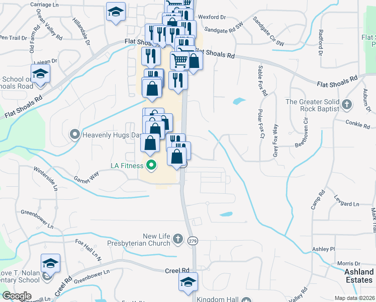map of restaurants, bars, coffee shops, grocery stores, and more near Hackamore Drive in Atlanta