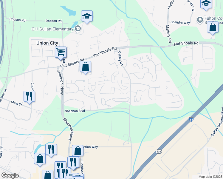 map of restaurants, bars, coffee shops, grocery stores, and more near 5225 Oakley Commons Boulevard in Union City