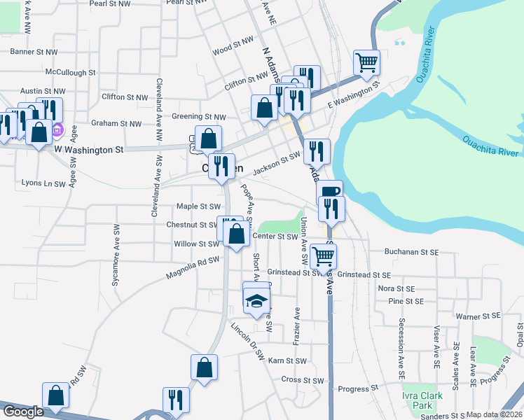 map of restaurants, bars, coffee shops, grocery stores, and more near Stadium Dr SW in Camden