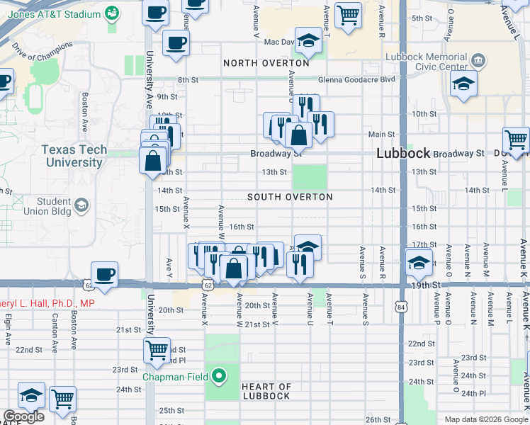 map of restaurants, bars, coffee shops, grocery stores, and more near 2118 15th Street in Lubbock