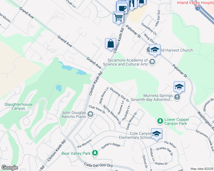 map of restaurants, bars, coffee shops, grocery stores, and more near 37107 Wild Rose Lane in Murrieta
