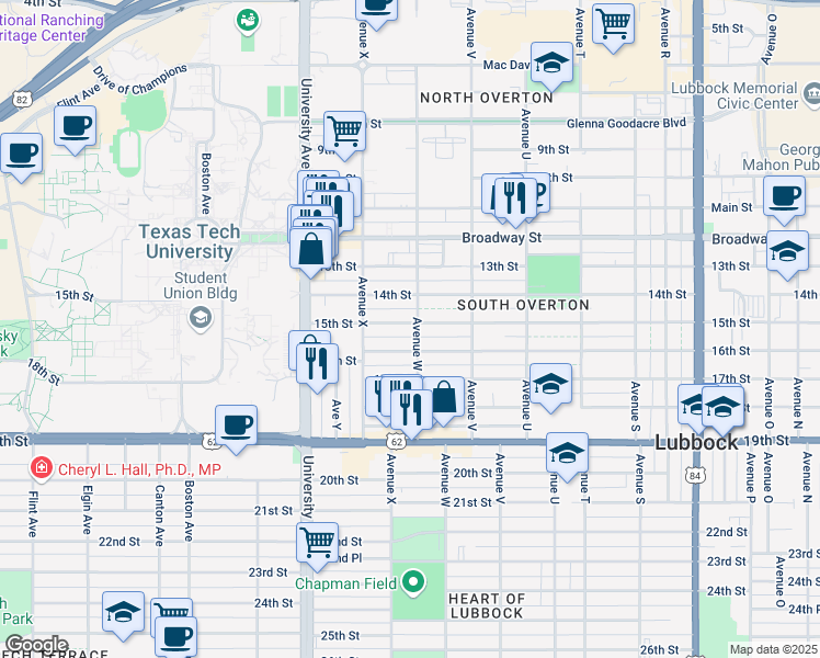map of restaurants, bars, coffee shops, grocery stores, and more near 2303 15th Street in Lubbock