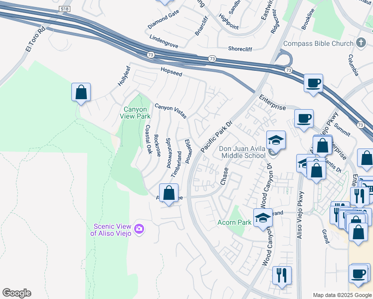 map of restaurants, bars, coffee shops, grocery stores, and more near 32 Timberland in Aliso Viejo