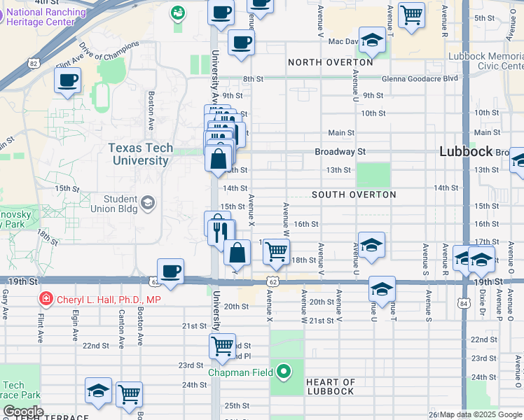 map of restaurants, bars, coffee shops, grocery stores, and more near 2320 15th Street in Lubbock