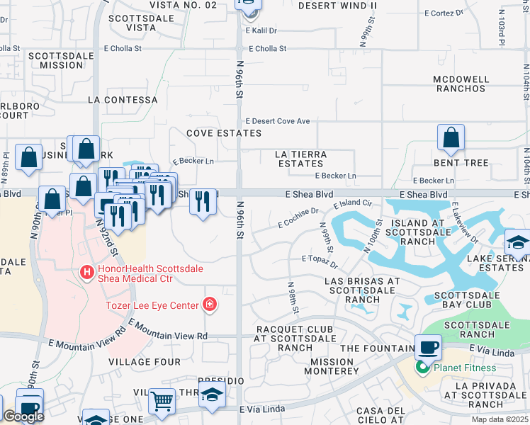 map of restaurants, bars, coffee shops, grocery stores, and more near 10571 North 96th Place in Scottsdale