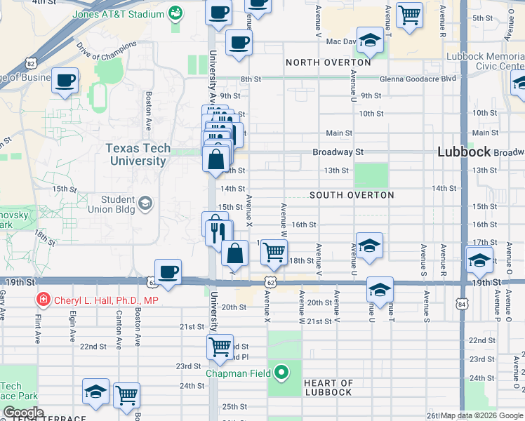 map of restaurants, bars, coffee shops, grocery stores, and more near 2320 15th Street in Lubbock
