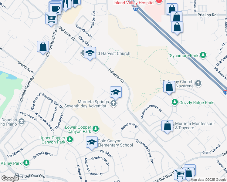 map of restaurants, bars, coffee shops, grocery stores, and more near 23355 Desert Lily Court in Murrieta