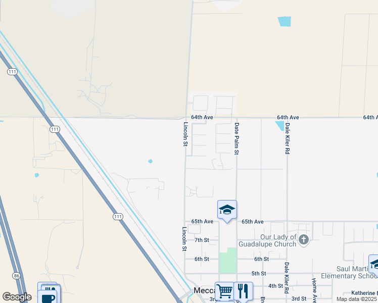 map of restaurants, bars, coffee shops, grocery stores, and more near 64249 Miravilla Way in Mecca