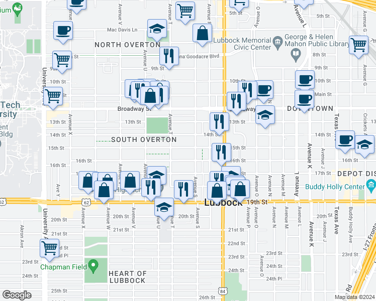 map of restaurants, bars, coffee shops, grocery stores, and more near 1907 15th Street in Lubbock