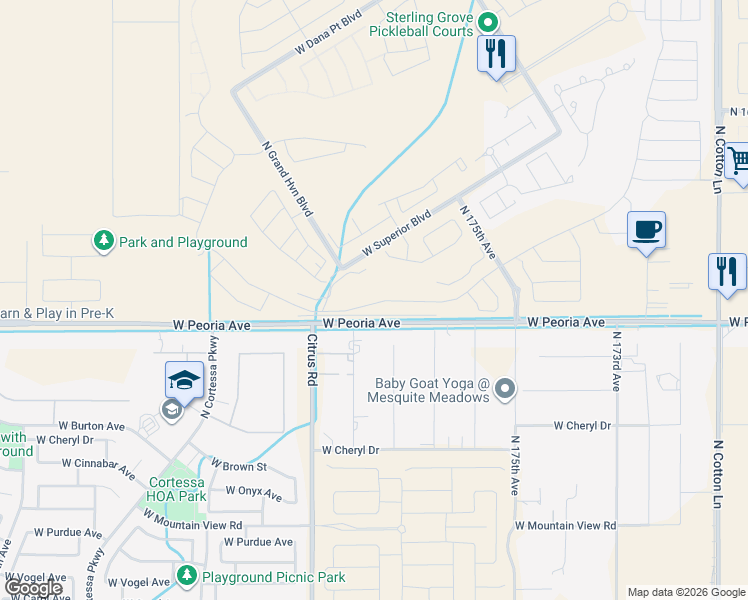 map of restaurants, bars, coffee shops, grocery stores, and more near 17700-17798 West Peoria Avenue in Waddell