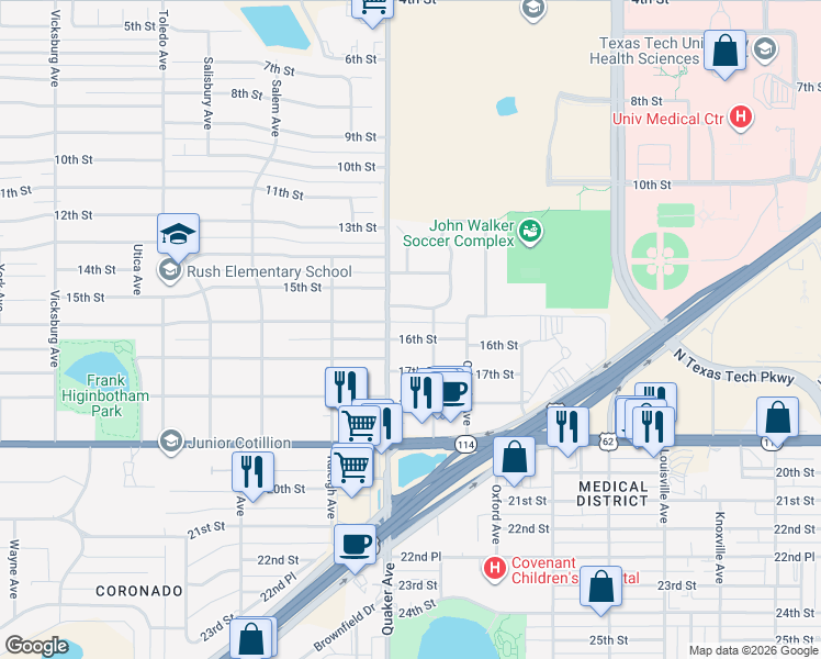map of restaurants, bars, coffee shops, grocery stores, and more near 4314 16th Street in Lubbock