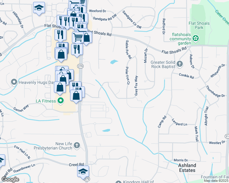 map of restaurants, bars, coffee shops, grocery stores, and more near 6487 Grey Fox Way in Riverdale