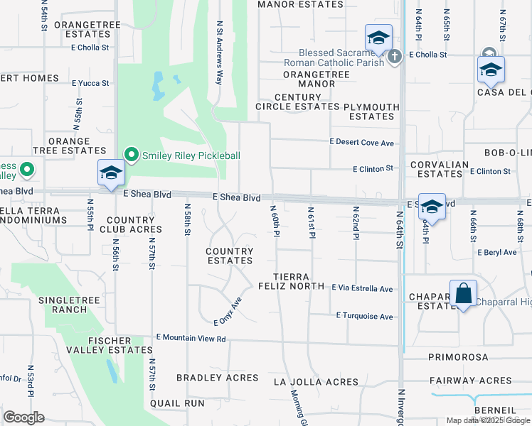 map of restaurants, bars, coffee shops, grocery stores, and more near 6021 East Shea Boulevard in Scottsdale