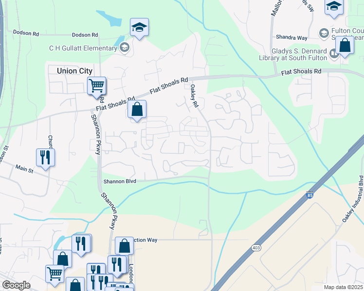 map of restaurants, bars, coffee shops, grocery stores, and more near 6355 Oakley Road in Union City