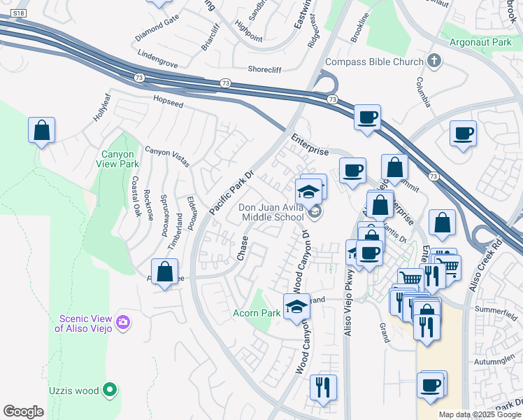 map of restaurants, bars, coffee shops, grocery stores, and more near 32 Carlsbad Lane in Aliso Viejo