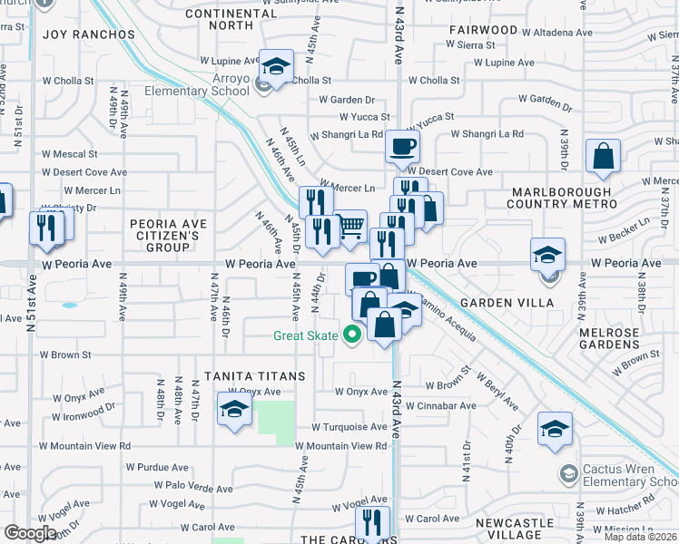 map of restaurants, bars, coffee shops, grocery stores, and more near 4490 West Peoria Avenue in Glendale