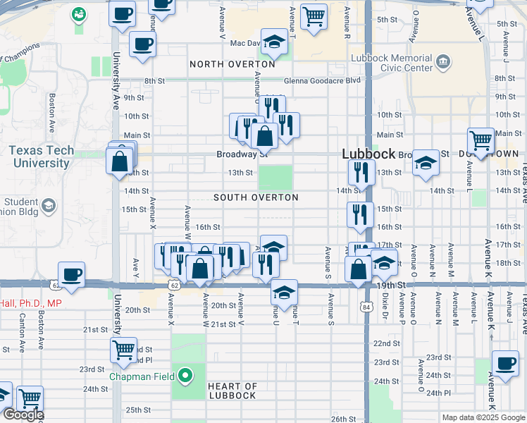 map of restaurants, bars, coffee shops, grocery stores, and more near 2123 15th Street in Lubbock