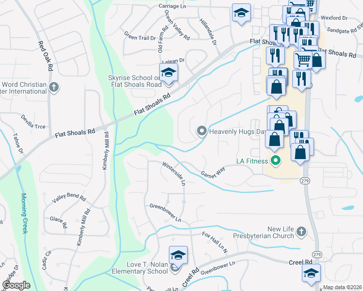 map of restaurants, bars, coffee shops, grocery stores, and more near 6445 Emerald Pointe Circle in Atlanta