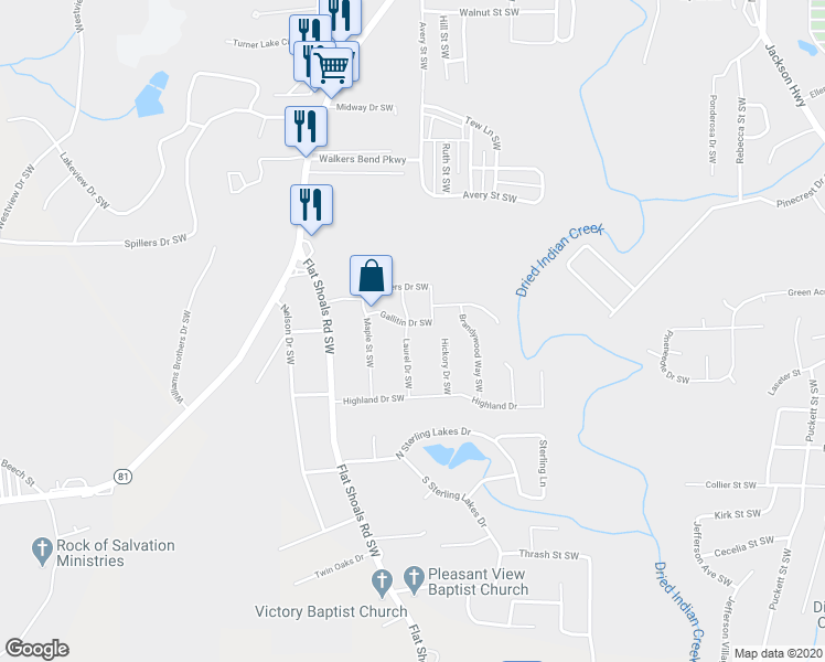 map of restaurants, bars, coffee shops, grocery stores, and more near 9160 Gallitin Drive Southwest in Covington